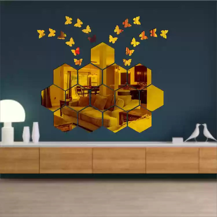 Acrylic Mirror Wall Stickers Hexagon with 20 Butterflies 3D Acrylic Super Mall