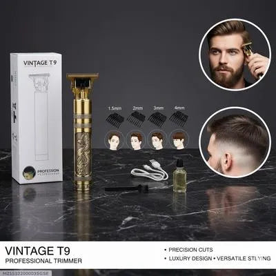 Vintage T9 Rechargeable Hair Trimmer for Men – Gold Professional Cordless Beard & Hair Clipper with 4 Precision Blades Universal Hub