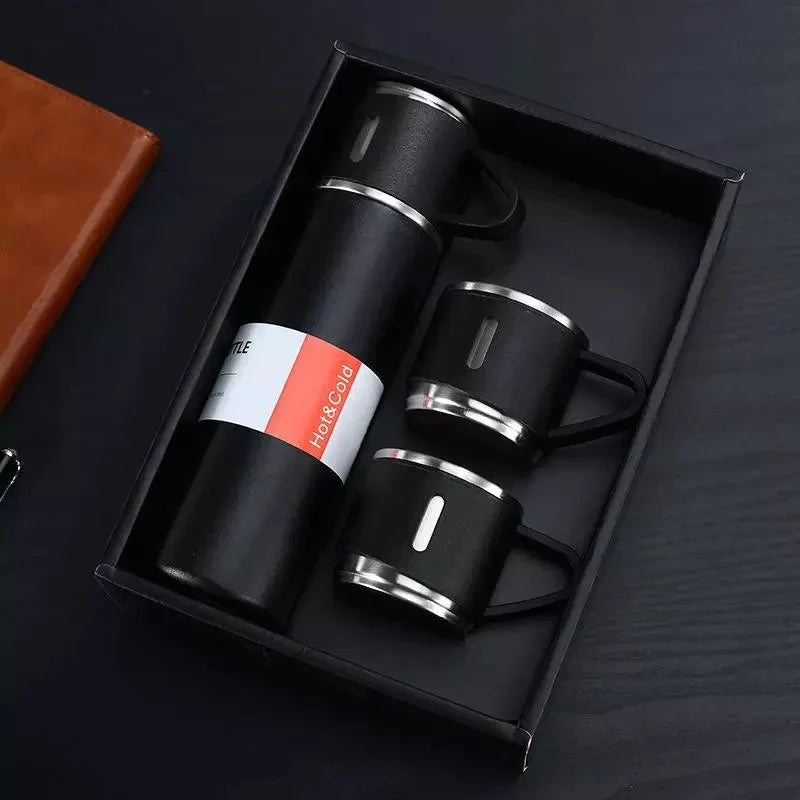 Premium Vacuum Flask Set – 500ml Stainless Steel Insulated Bottle with 3 Cups Super Mall