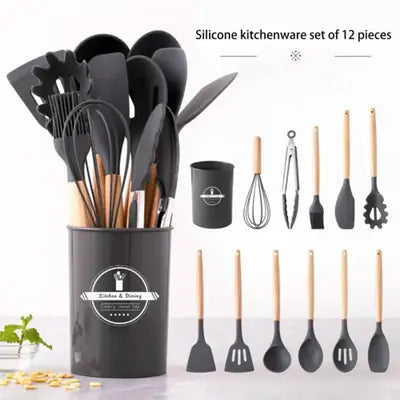 12 Pcs Silicone Kitchen Utensil Set – Nonstick Cooking Tools with Wooden Handles Universal Hub