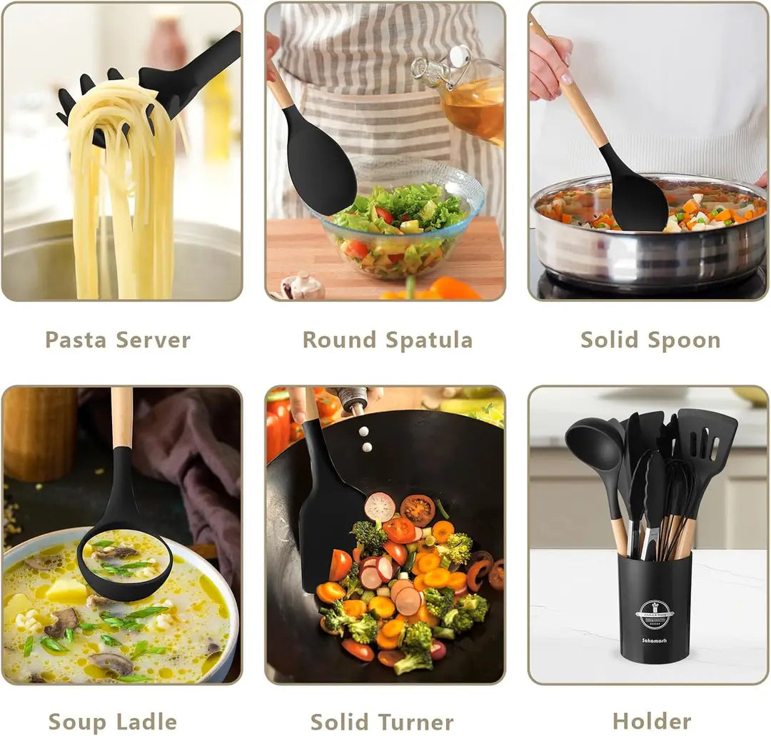 12 Pcs Silicone Kitchen Utensil Set – Nonstick Cooking Tools with Wooden Handles Universal Hub