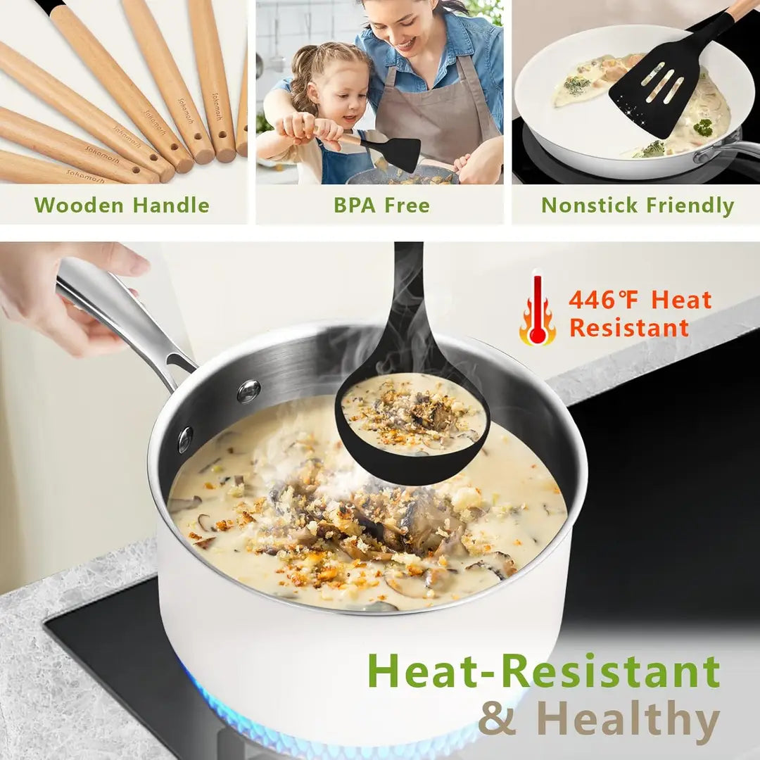 12 Pcs Silicone Kitchen Utensil Set – Nonstick Cooking Tools with Wooden Handles Universal Hub