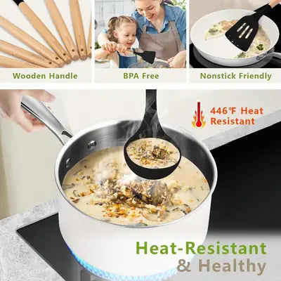 12 Pcs Silicone Kitchen Utensil Set – Nonstick Cooking Tools with Wooden Handles Universal Hub
