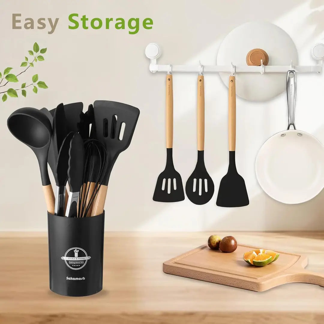 12 Pcs Silicone Kitchen Utensil Set – Nonstick Cooking Tools with Wooden Handles Universal Hub