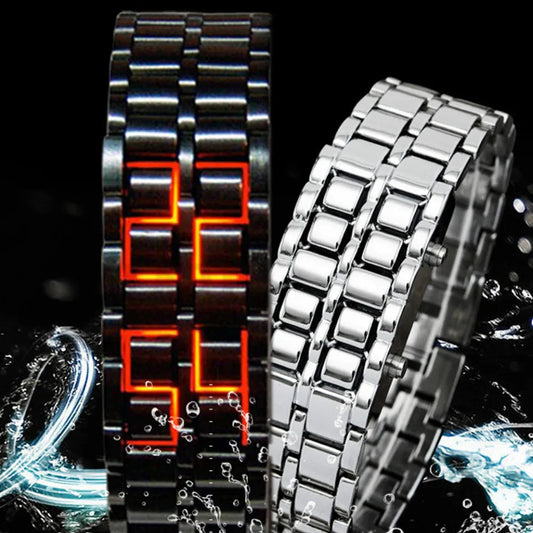 Gosasa Men's Lava Style Stainless Steel Watch - Red & Blue LED Digital Display, Black Bracelet Super Mall