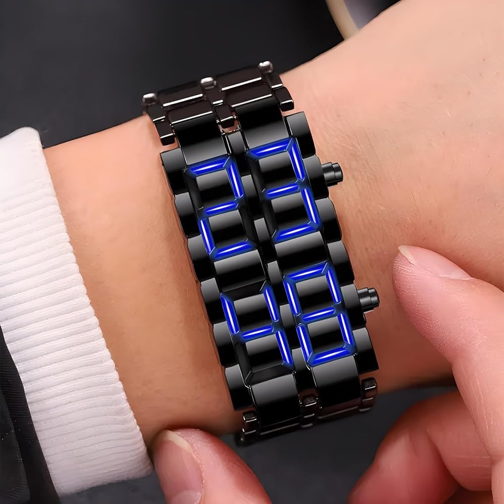 Gosasa Men's Lava Style Stainless Steel Watch - Red & Blue LED Digital Display, Black Bracelet Super Mall