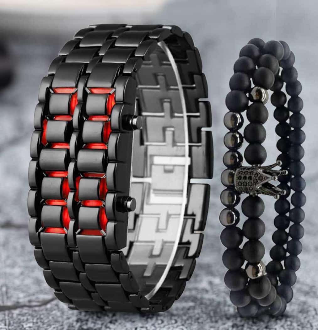 Gosasa Men's Lava Style Stainless Steel Watch - Red & Blue LED Digital Display, Black Bracelet Super Mall