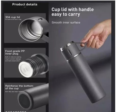 Premium Vacuum Flask Set – 500ml Stainless Steel Insulated Bottle with 3 Cups Super Mall
