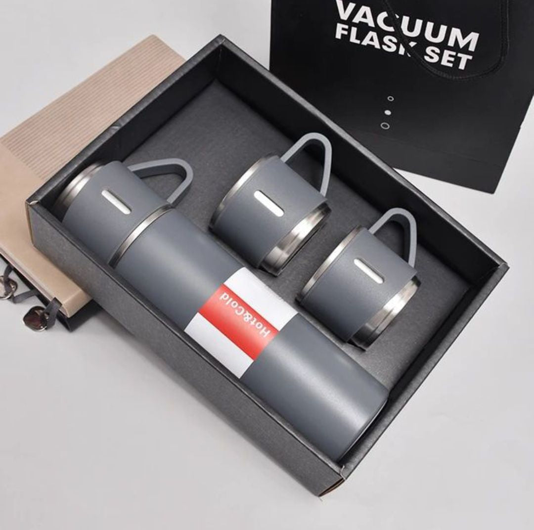 Premium Vacuum Flask Set – 500ml Stainless Steel Insulated Bottle with 3 Cups Super Mall
