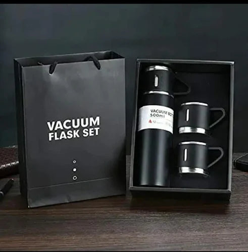 Premium Vacuum Flask Set – 500ml Stainless Steel Insulated Bottle with 3 Cups Super Mall