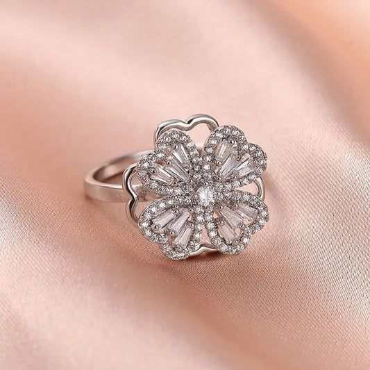 Elegant Flower-Shaped Diamond Ring | Sparkling Silver Jewelry for Women Super Mall