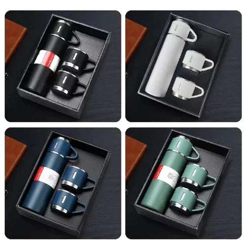 Premium Vacuum Flask Set – 500ml Stainless Steel Insulated Bottle with 3 Cups Super Mall