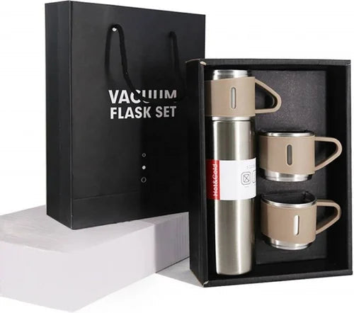 Premium Vacuum Flask Set – 500ml Stainless Steel Insulated Bottle with 3 Cups Super Mall